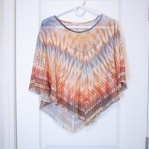World Unity M Sheer Tie Dye Boho Festival Blouse Poncho Earthy Sunset Sparkle